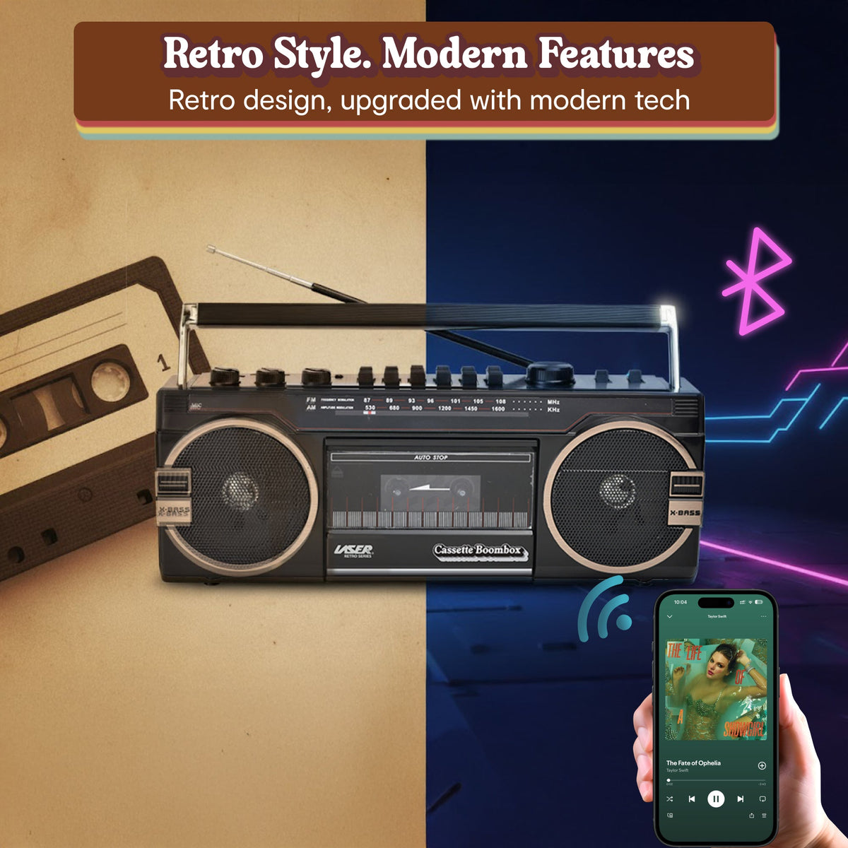 Laser Retro Cassette Boombox with AM FM Radio (Black)