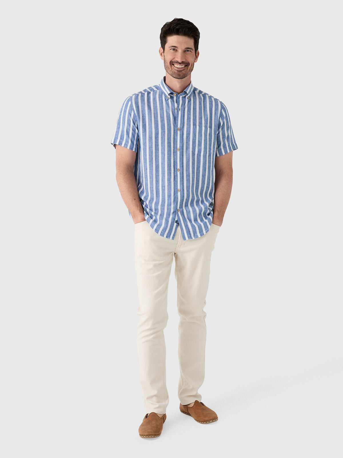 Southern Tide Men's Seamark Stripe Linen-Rayon Short Sleeve Sport Shirt