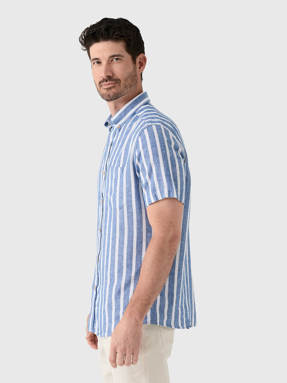 Southern Tide Men's Seamark Stripe Linen-Rayon Short Sleeve Sport Shirt