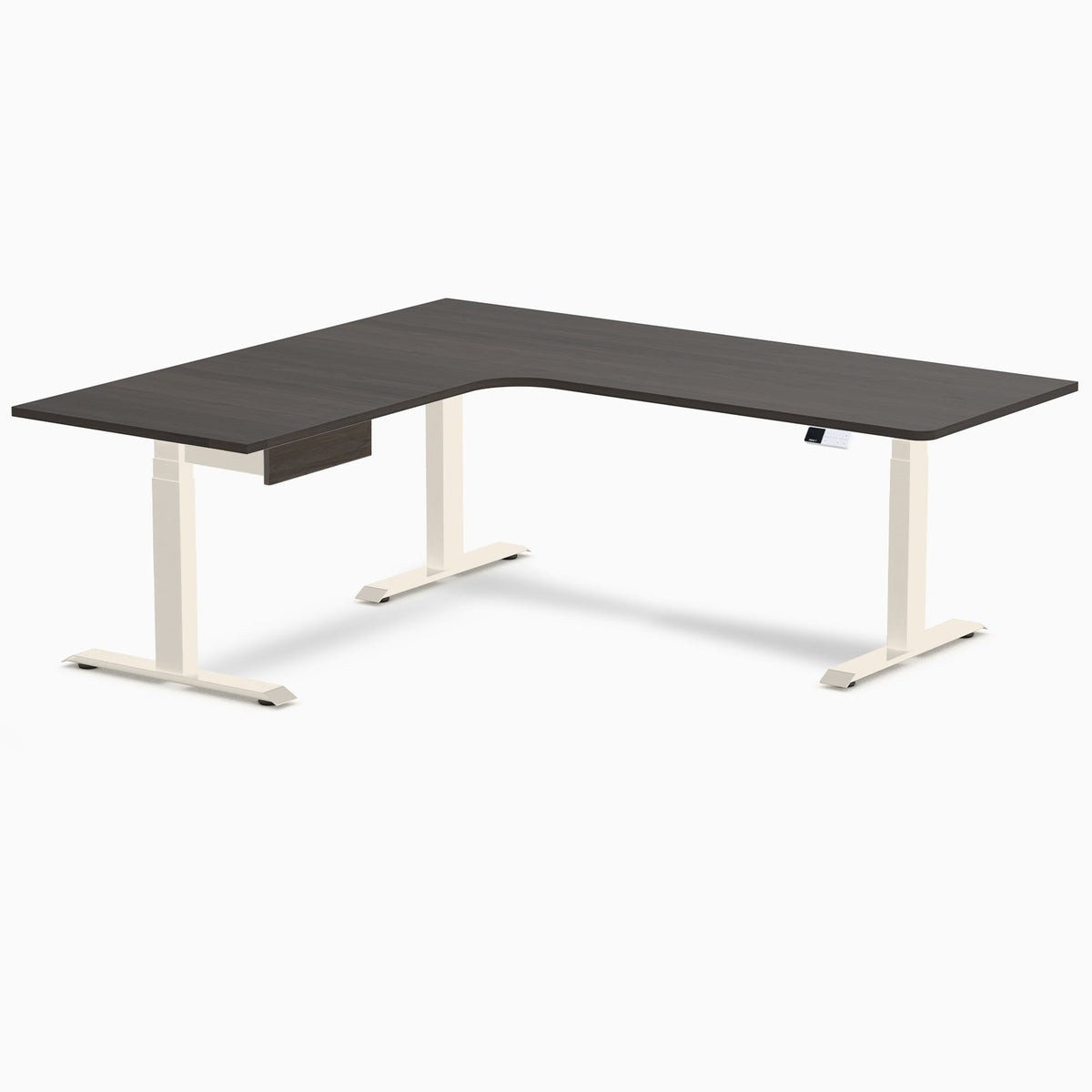 Desky L-Shape Melamine Standing Desk With Drawer 200cm - Left Return Burnished Wood Top and Wheat Leg