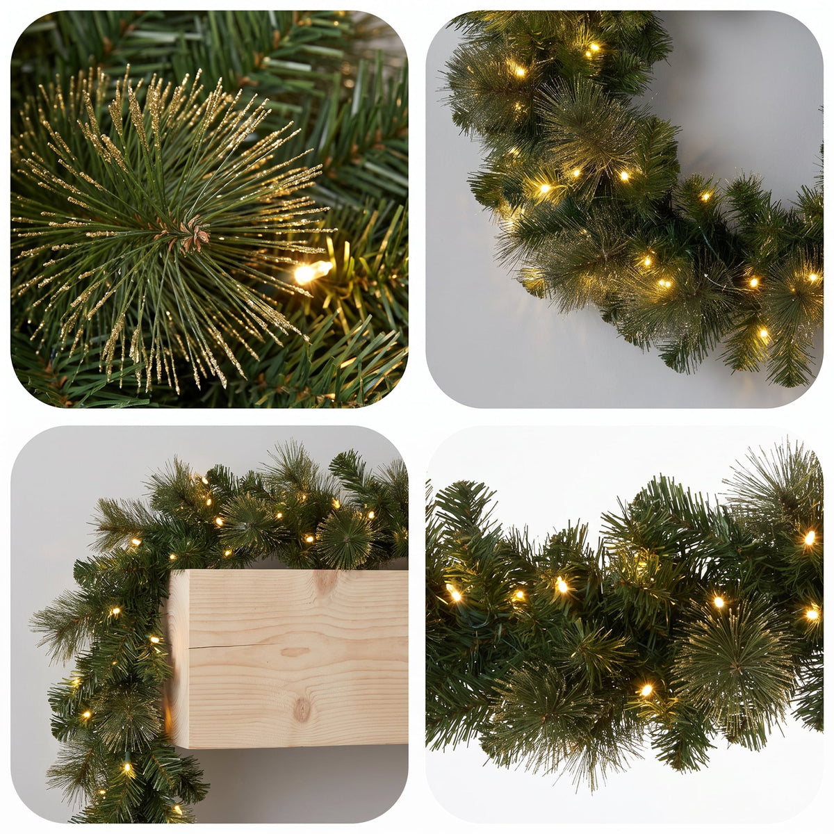 Christabelle Gold Pine Collection Christmas 2pc Set 61cm Wreath and 2.74m Garland with LED Lights Holiday Decor
