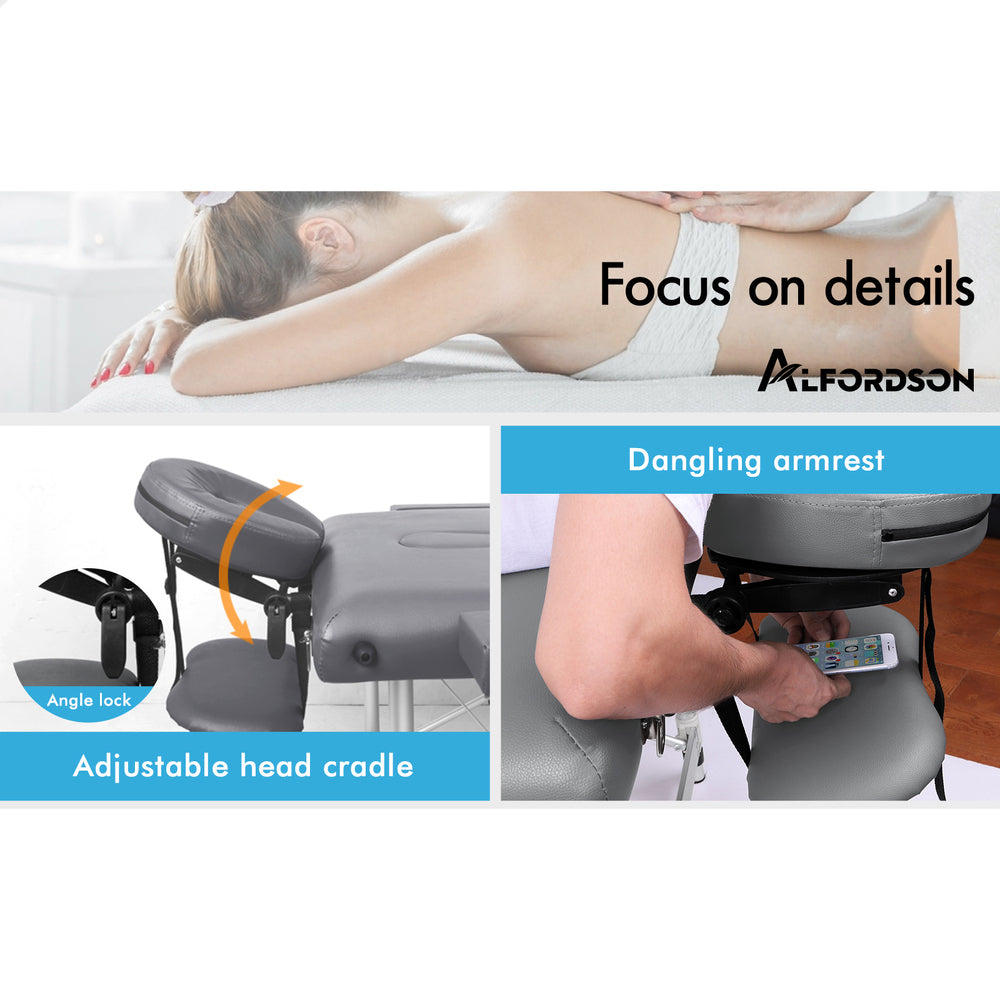 ALFORDSON Massage Table 2 Fold 75cm Foldable Portable Bed Desk Aluminium Lift Up (Grey)