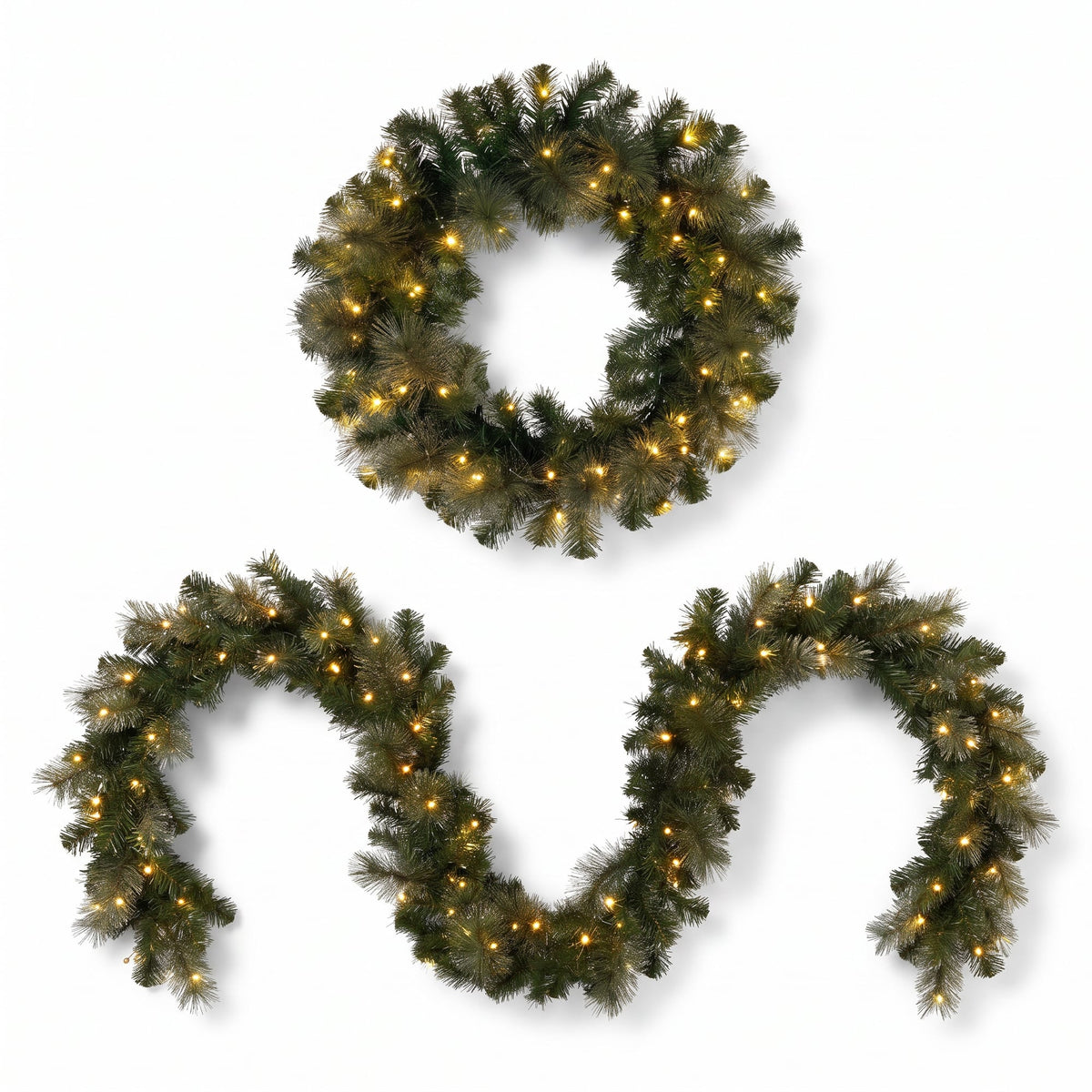 Christabelle Gold Pine Collection Christmas 2pc Set 61cm Wreath and 2.74m Garland with LED Lights Holiday Decor