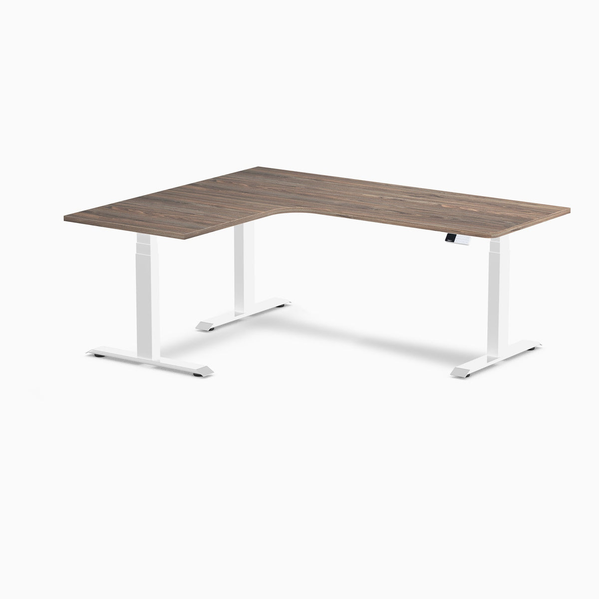 Desky L-Shape Melamine Sit Stand Desk 180cm - Left Return Natural Walnut Top and White Leg