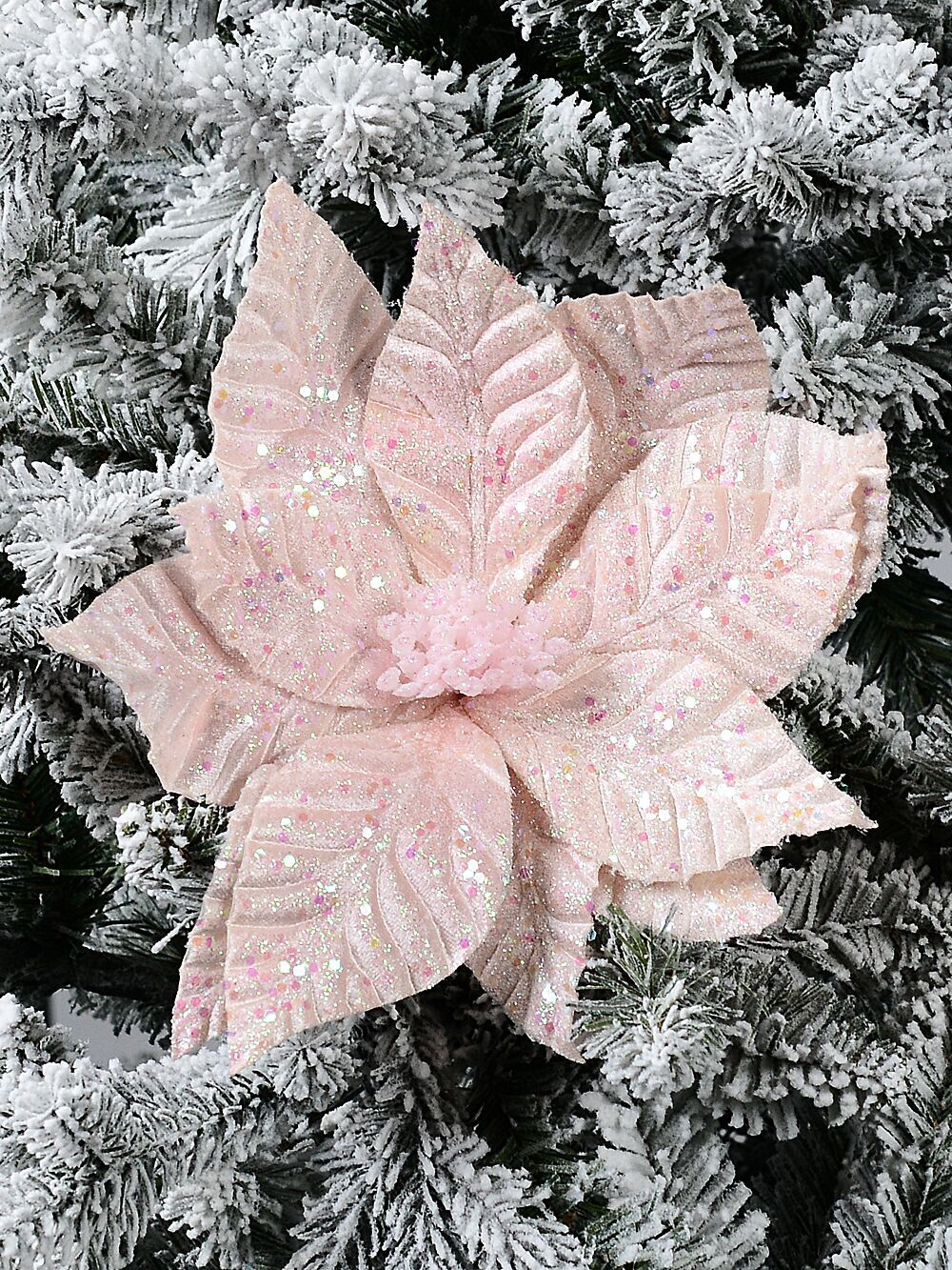 Fairy Floss Pink Poinsettia With Iridescent Sequins Long Christmas Stem | 55cmPink & Iridescent