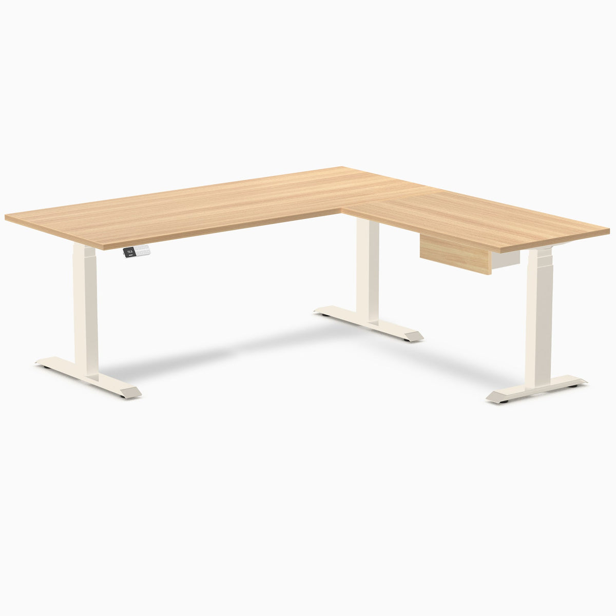 Desky Eco L-Shape Melamine Standing Desk With Drawer 180 x 175 cm Sublime Teak Top and Wheat Leg