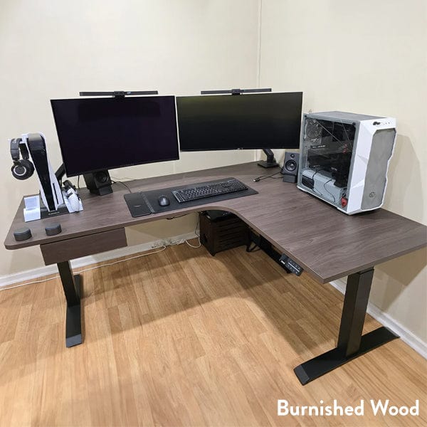 Desky L-Shape Melamine Sit Stand Desk 200cm - Right Return Burnished Wood Top and White Leg