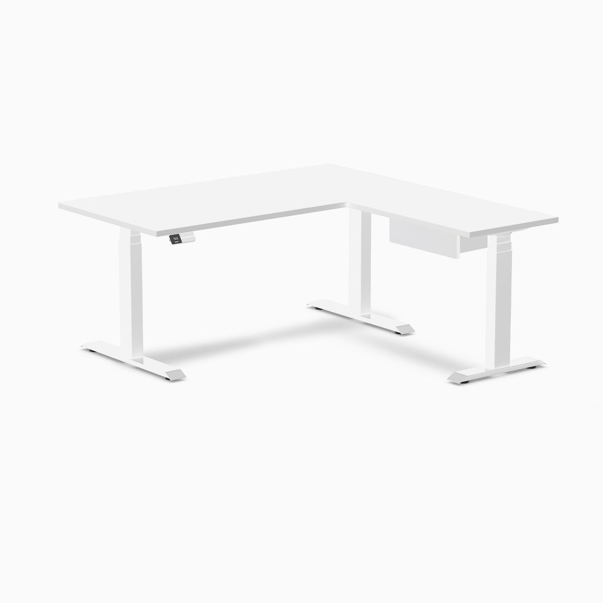 Desky Eco L-Shape Melamine Standing Desk With Drawer 150 x 155 cm White Top and White Leg