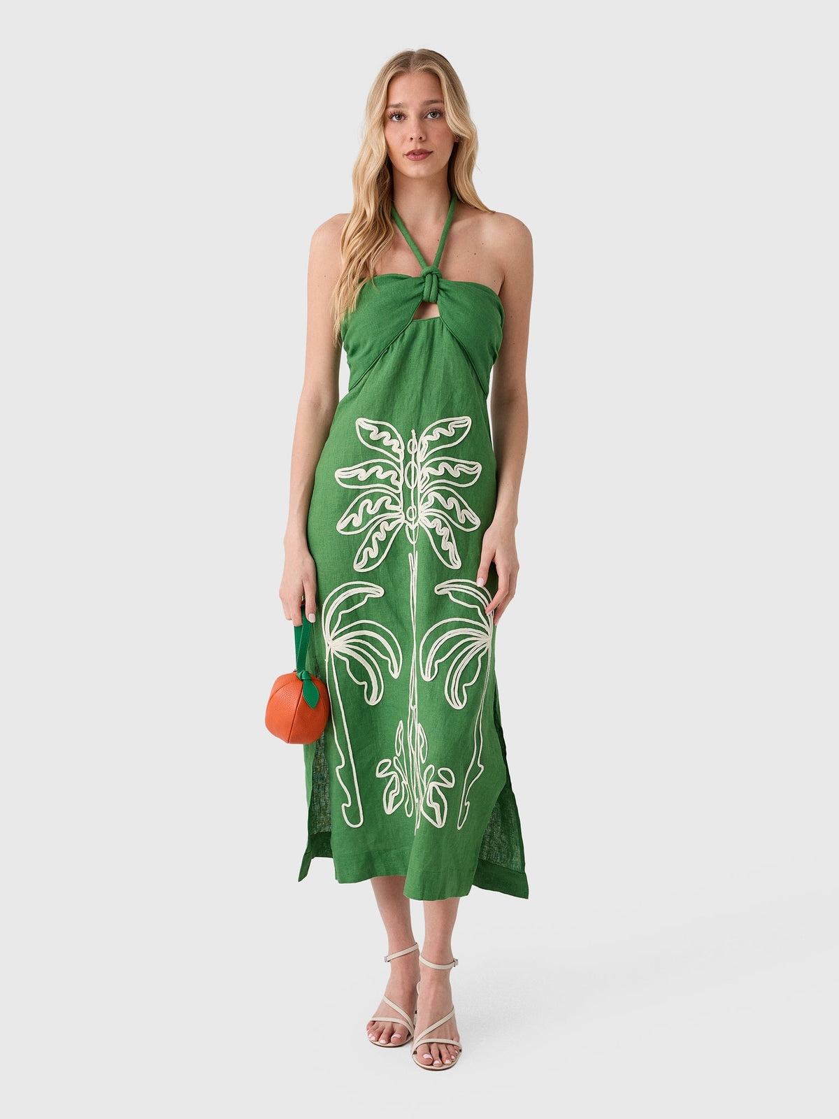 Farm Rio Women's Palm Tree Embroidery Sleeveless Midi Dress