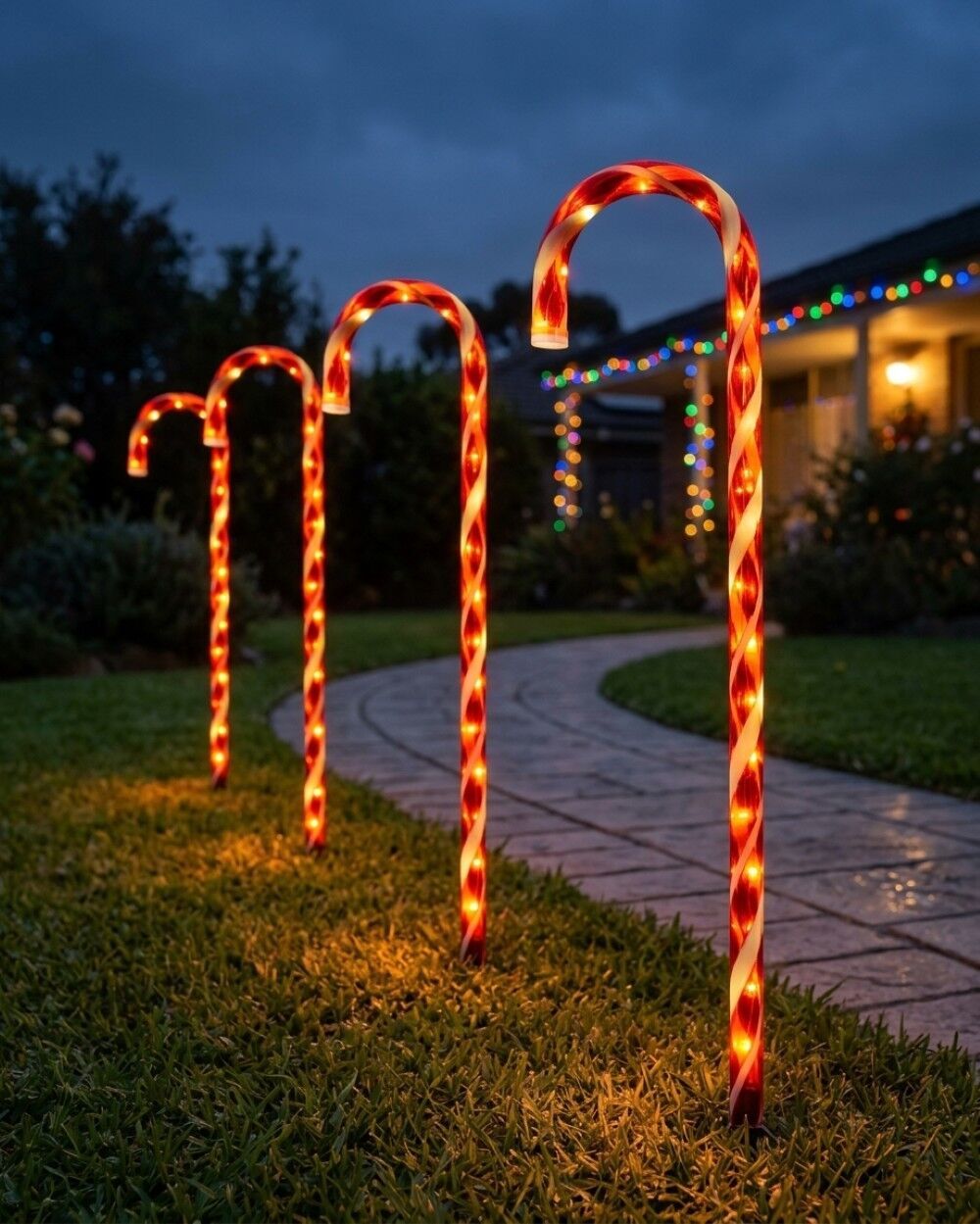 4x LED Christmas Candy Cane Path Lights - Red & White Garden Stakes | 80cmRed & White