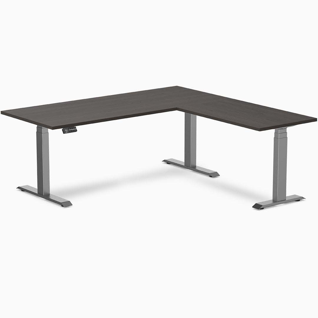 Desky Eco L-Shape Melamine Sit Stand Desk 180 x 175 cm Burnished Wood Top and Space Grey Leg