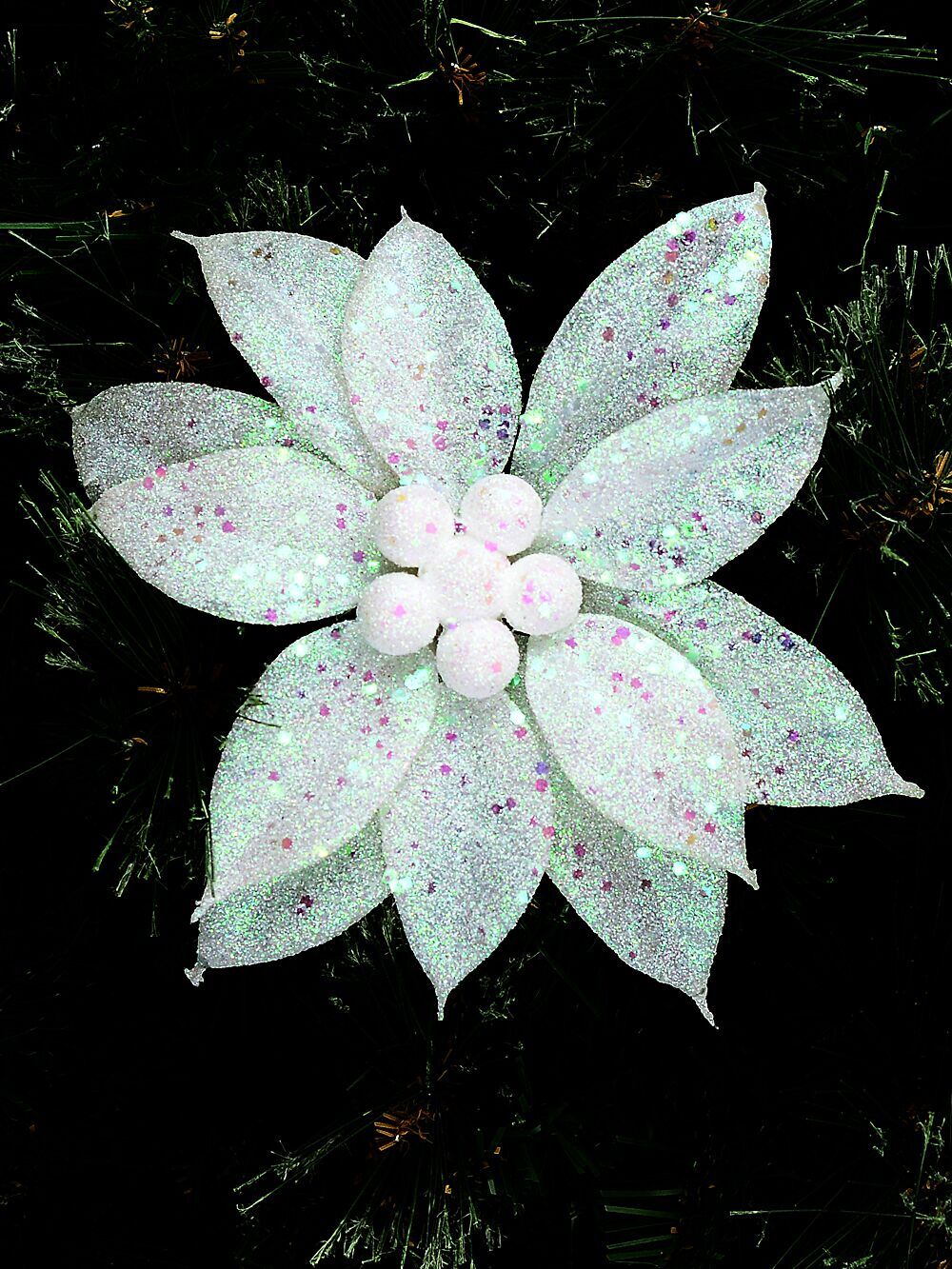 White Poinsettia With Iridescent Decor Christmas Tree Clip Pick | 19cmWhite with Iridescent