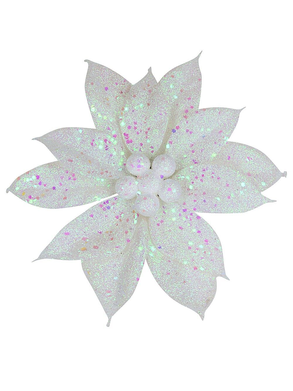 White Poinsettia With Iridescent Decor Christmas Tree Clip Pick | 19cmWhite with Iridescent