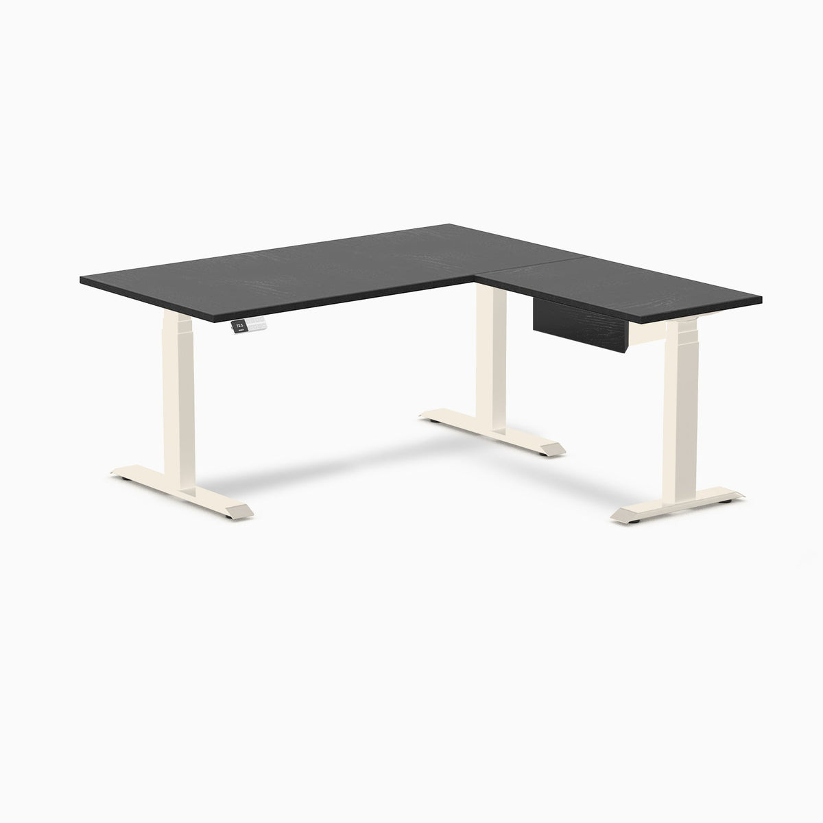Desky Hardwood L-Shape Standing Desk With Drawer 150 x 155 cm Black Ash / Wheat Top and Wheat Leg