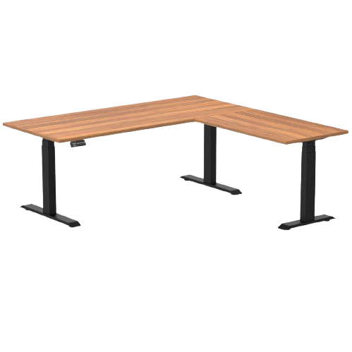 Desky Eco L-Shape Melamine Sit Stand Desk 180 x 175 cm Prime Oak Top and Matte Black Leg