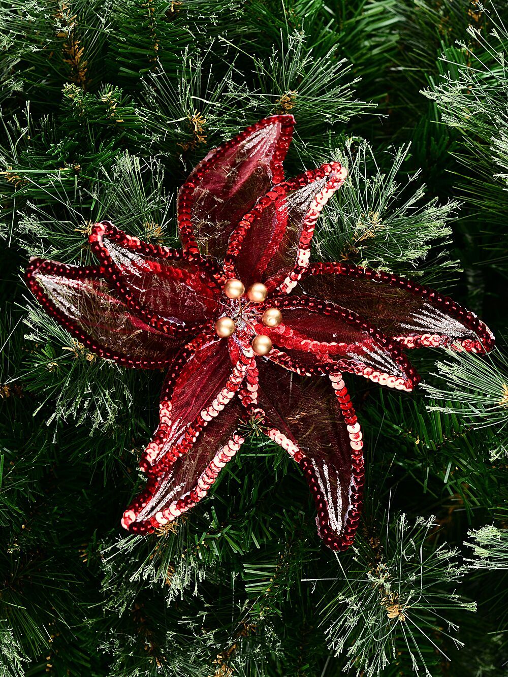 Red Organza Poinsettia With Sequins Christmas Tree Clip Pick | 25cmRed with Silver & Rose Gold