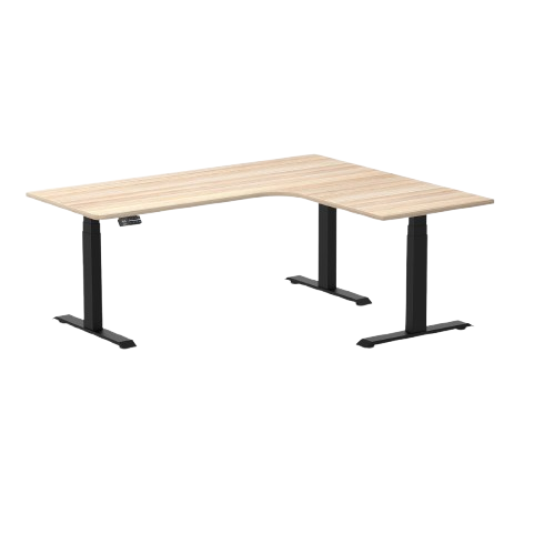 Desky L-Shape Melamine Sit Stand Desk 180cm - Left Return Classic Oak Top and Matte Black Leg