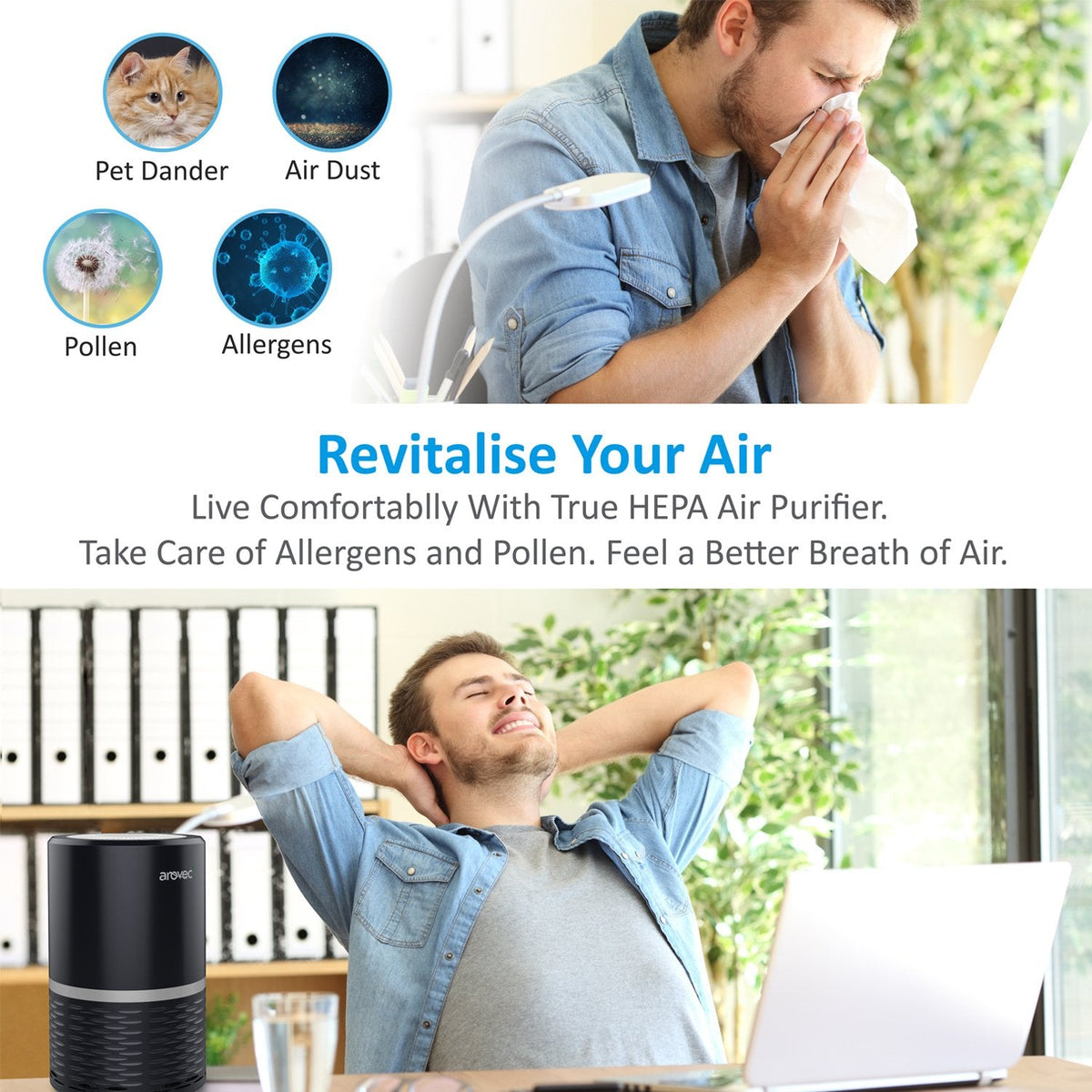 AROVEC Air Purifier H13 True HEPA Air Filter for Home, Bedroom (Black)