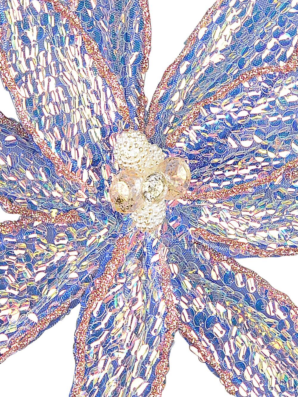 Blue Poinsettia With Iridescent Sequins Christmas Tree Clip Pick | 26cmBlue with Iridescent & Pink