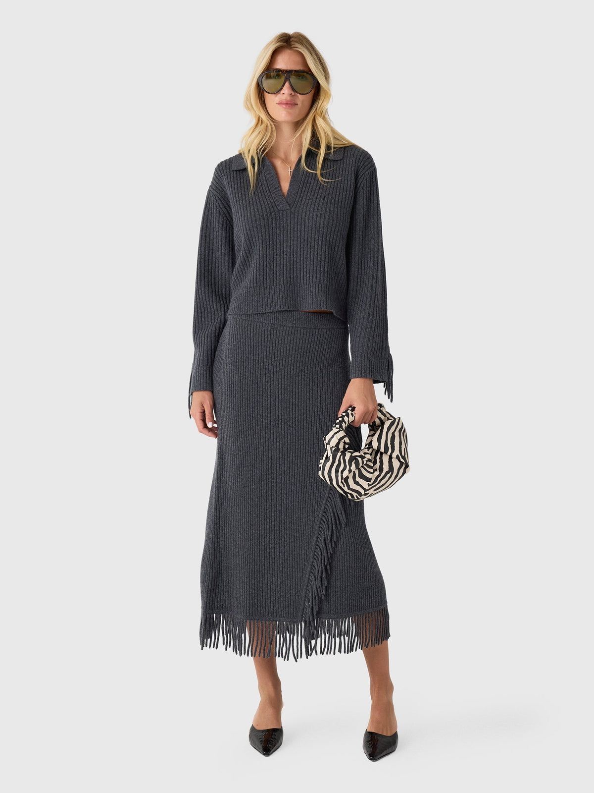 Simkhai Women's Casey Knit Fringe Midi Skirt