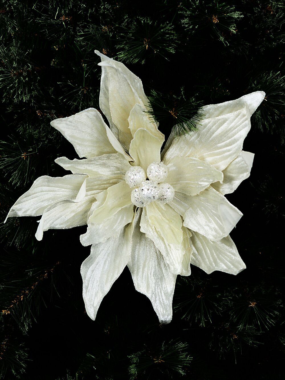 Large Ivory Poinsettia With Glitter & Sequins Christmas Clip Pick | 44cmIvory with Silver