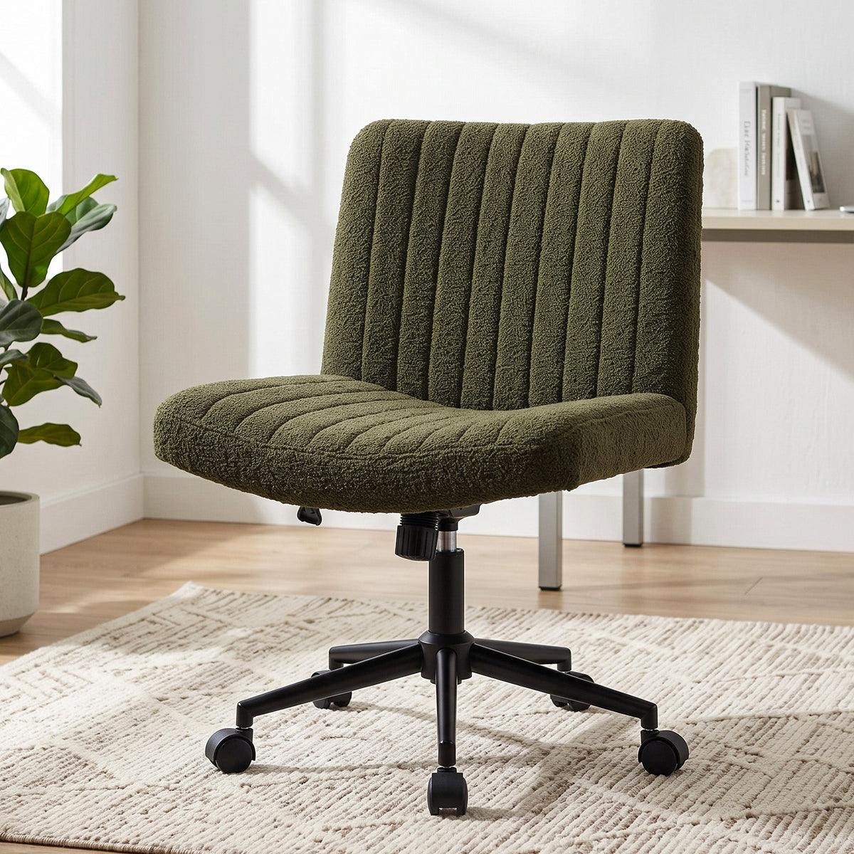 Artiss Armless Cross Legged Office Chair Wide Seat Vanity Chair Teddy Fleece Green