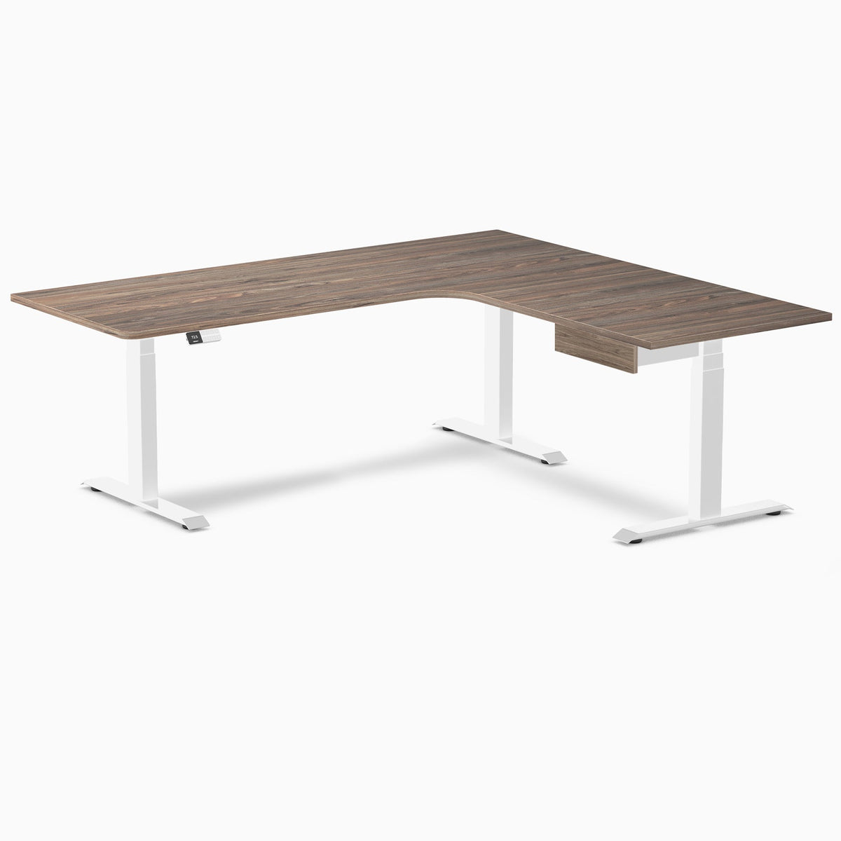 Desky L-Shape Melamine Standing Desk With Drawer 200cm - Right Return Natural Walnut Top and White Leg