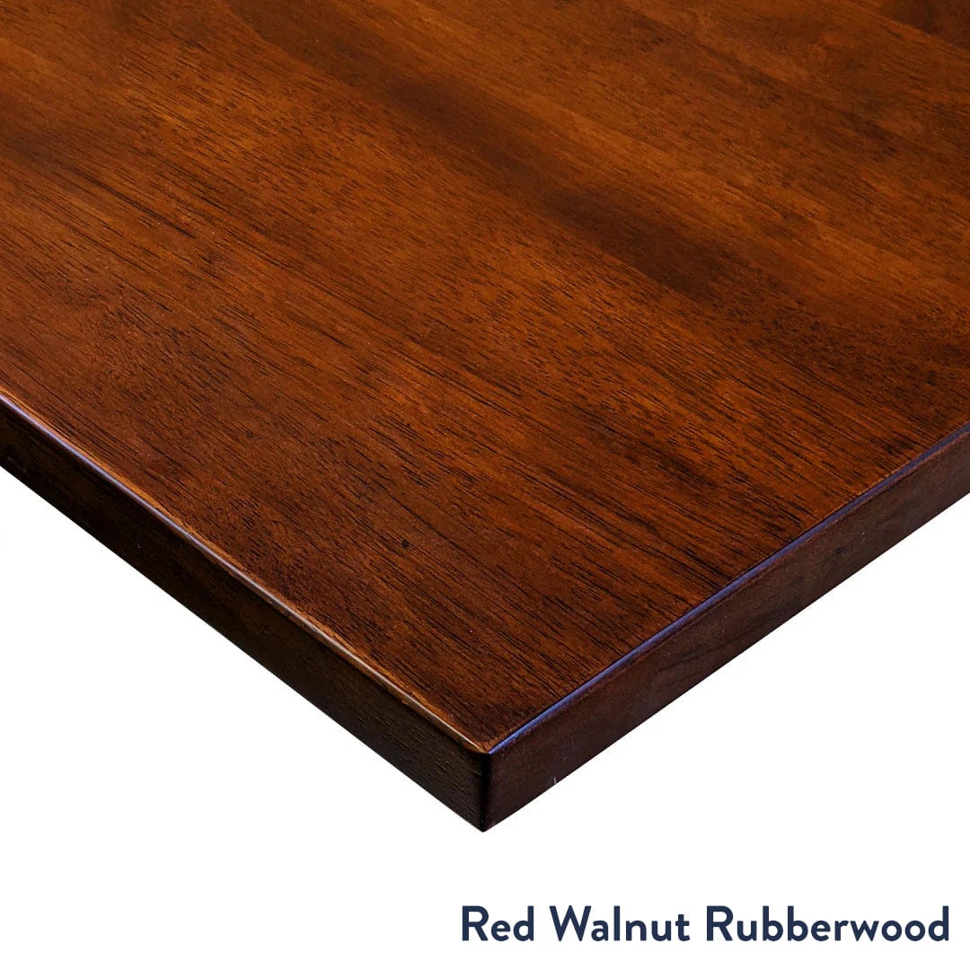 Desky Rubberwood L-Shape Sit Stand Desk 150 x 155 cm Red Walnut Top and White Leg