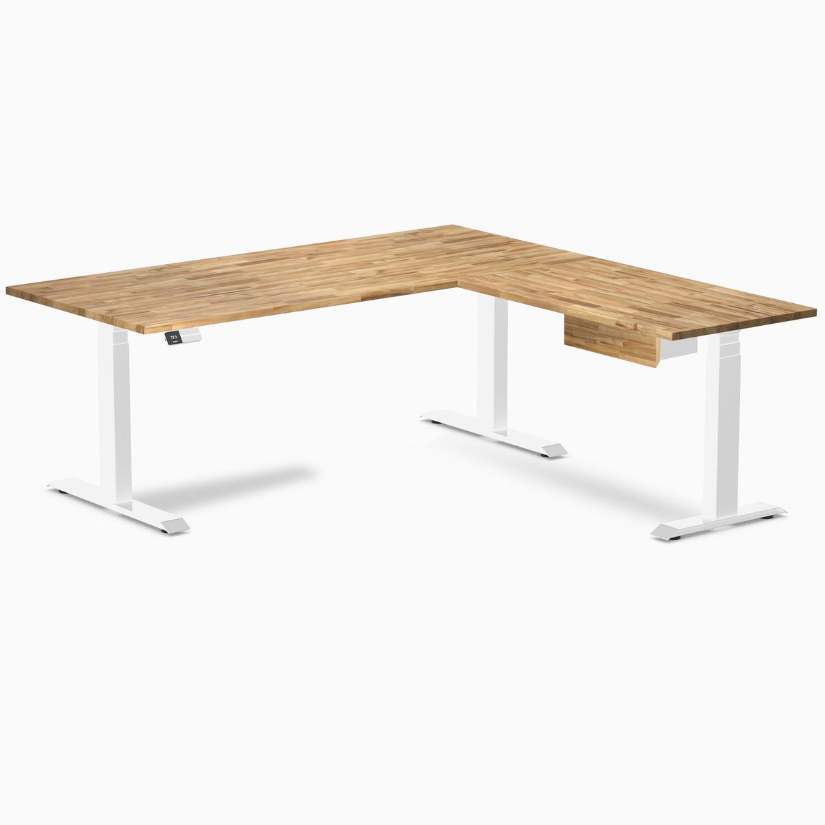 Desky Hardwood L-Shape Standing Desk With Drawer 180 x 175 cm Acacia / Space Grey Top and Space Grey Leg