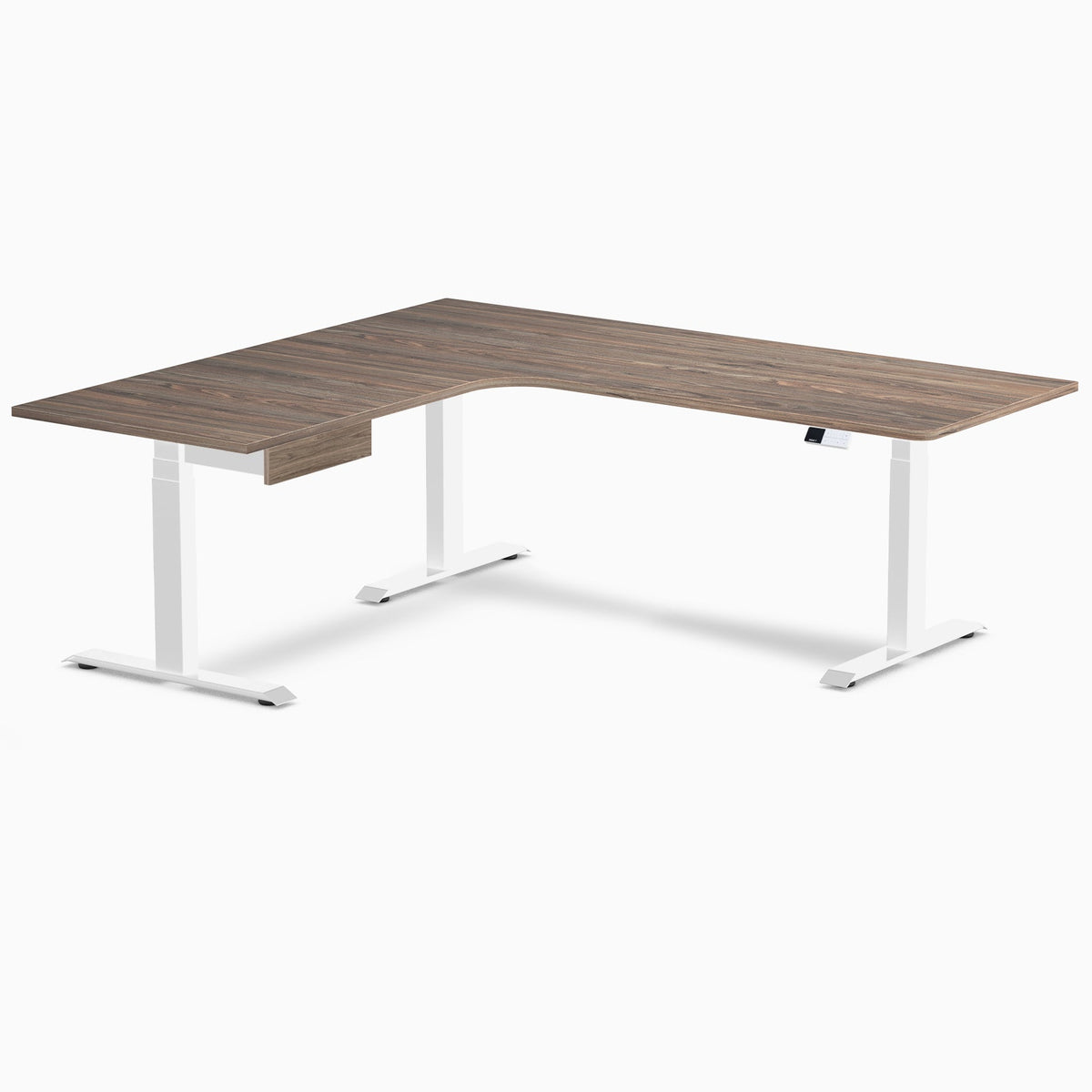Desky L-Shape Melamine Standing Desk With Drawer 200cm - Left Return Natural Walnut Top and White Leg