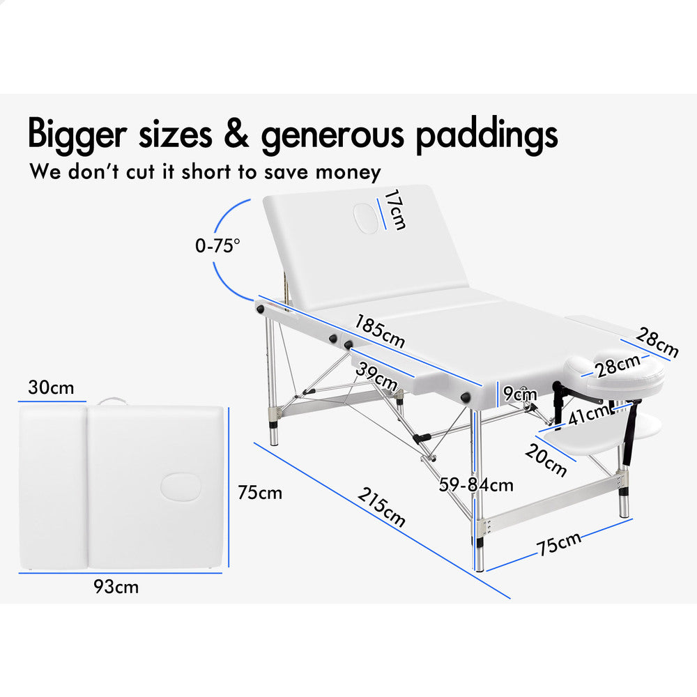ALFORDSON Massage Table 3 Fold 75cm Foldable Portable Aluminium Lift Up Bed Desk (White)