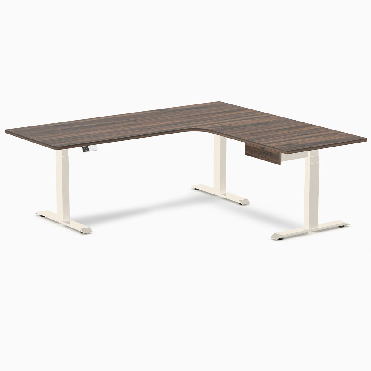 Desky L-Shape Melamine Standing Desk With Drawer 200cm - Right Return Jarrah Legno Top and Wheat Leg