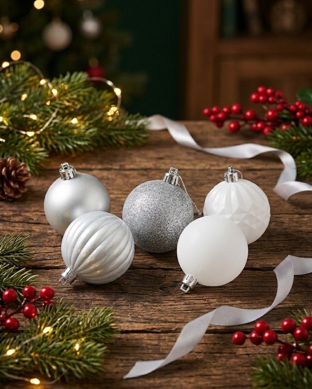 35x Lustrous Silver & Matte White Mixed Essential Baubles | 60mmSilver & White