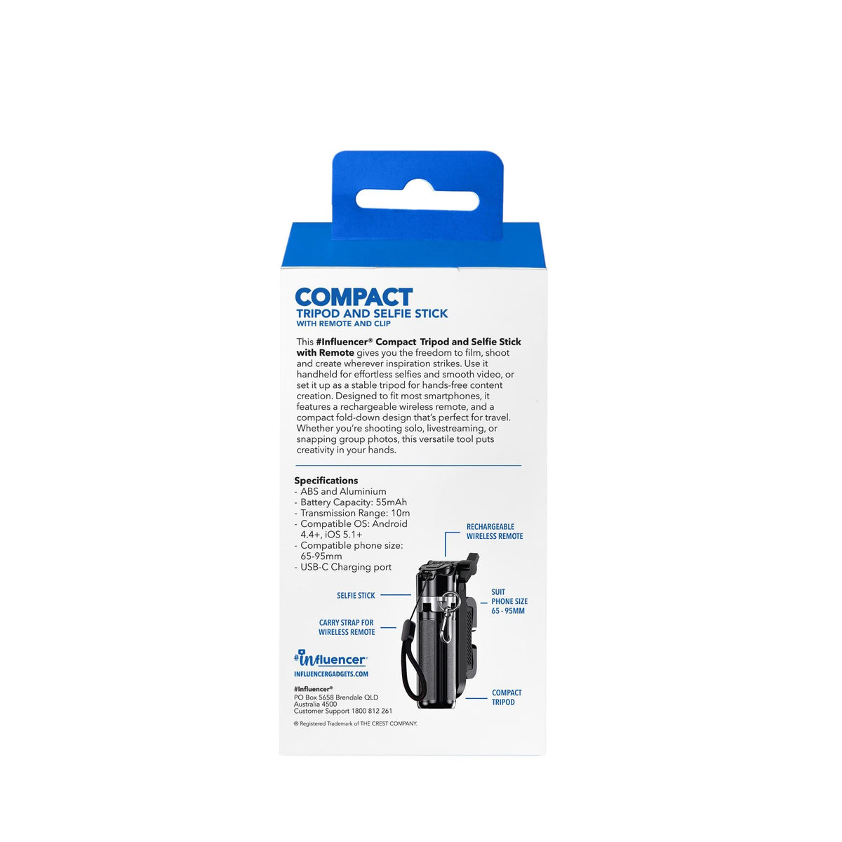 Influencer Compact Travel Tripod With Carry Hook With Remote