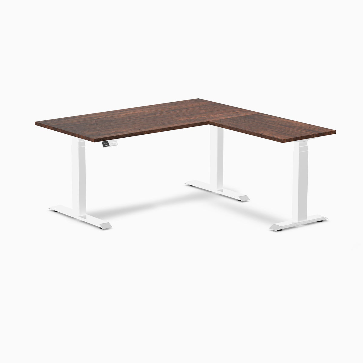 Desky Bamboo L-Shape Sit Stand Desk (American Rustic Pine Top/White Leg)