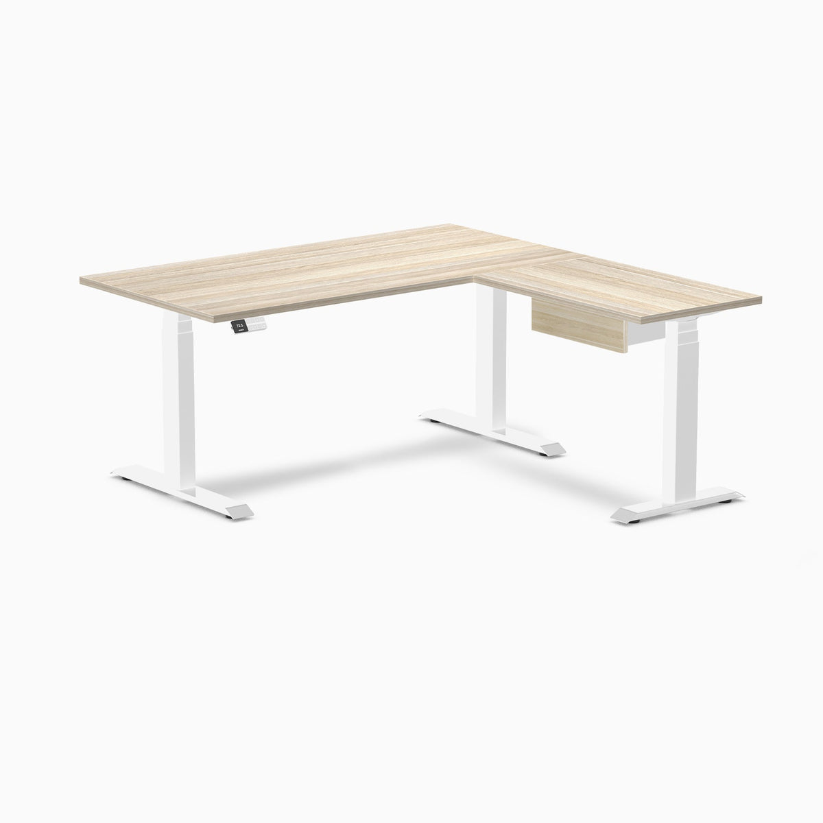 Desky Eco L-Shape Melamine Standing Desk With Drawer 150 x 155 cm Classic Oak Top and White Leg