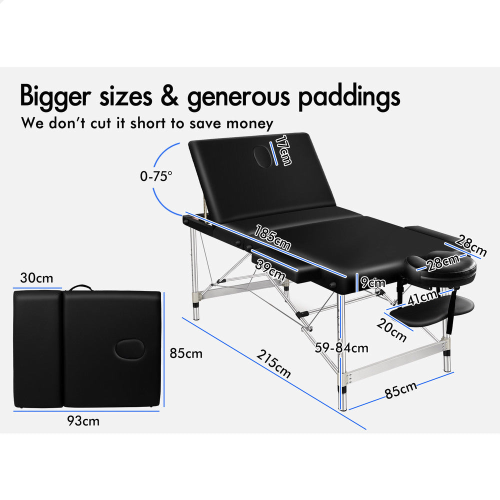 ALFORDSON Massage Table 3 Fold 85cm Portable (Black)