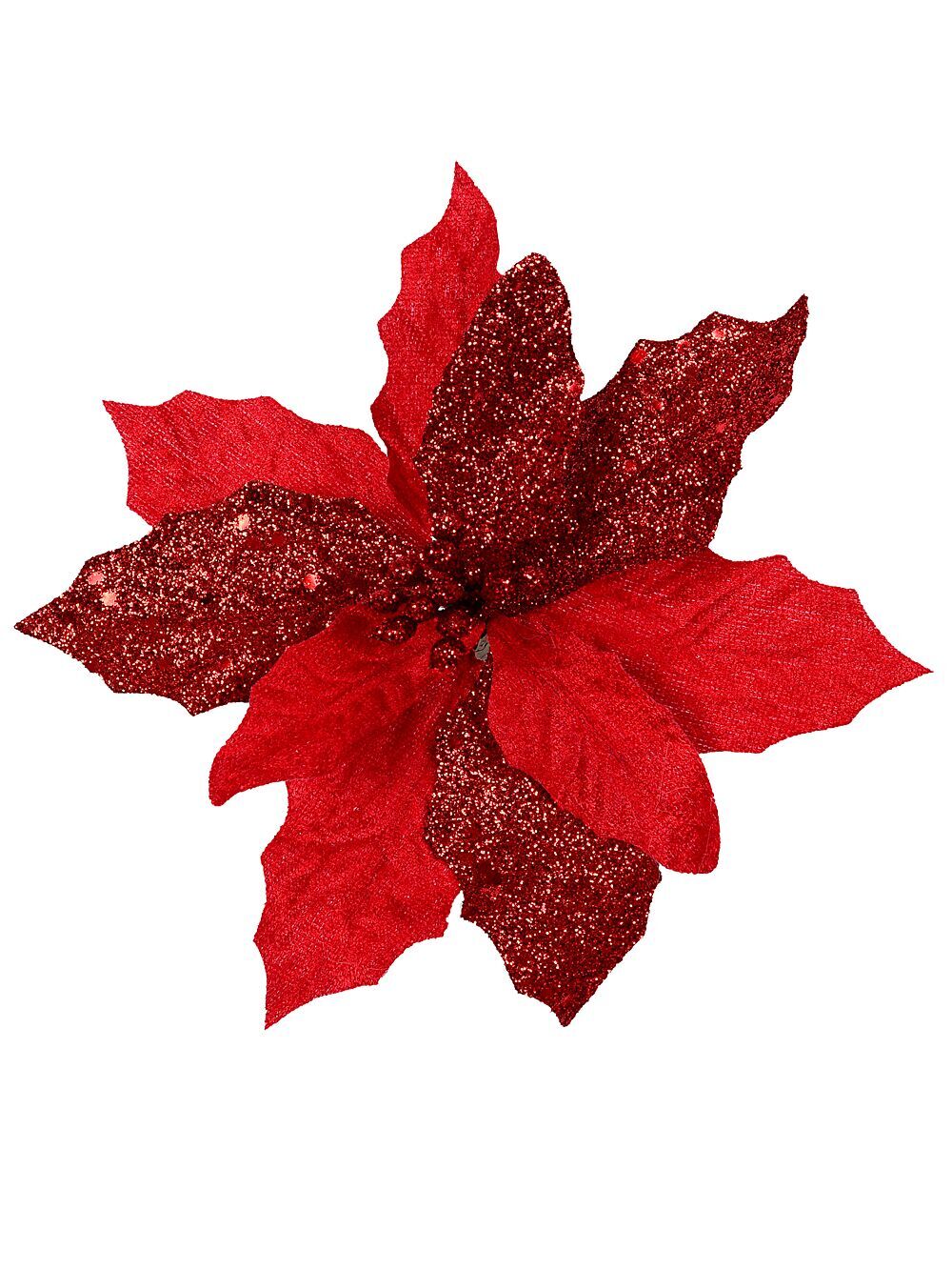 Red Fabric & Glitter Bracts Poinsettia Christmas Tree Stem Pick | 15cmRed