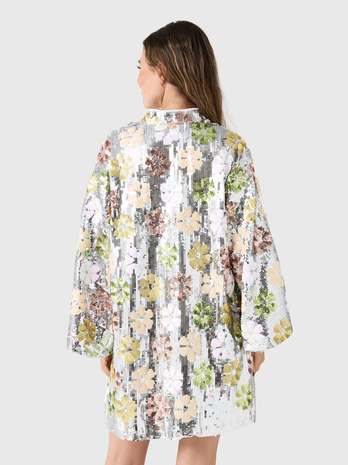 La Vie Women's Sequin Silver Mod Flower Mini Caftan
