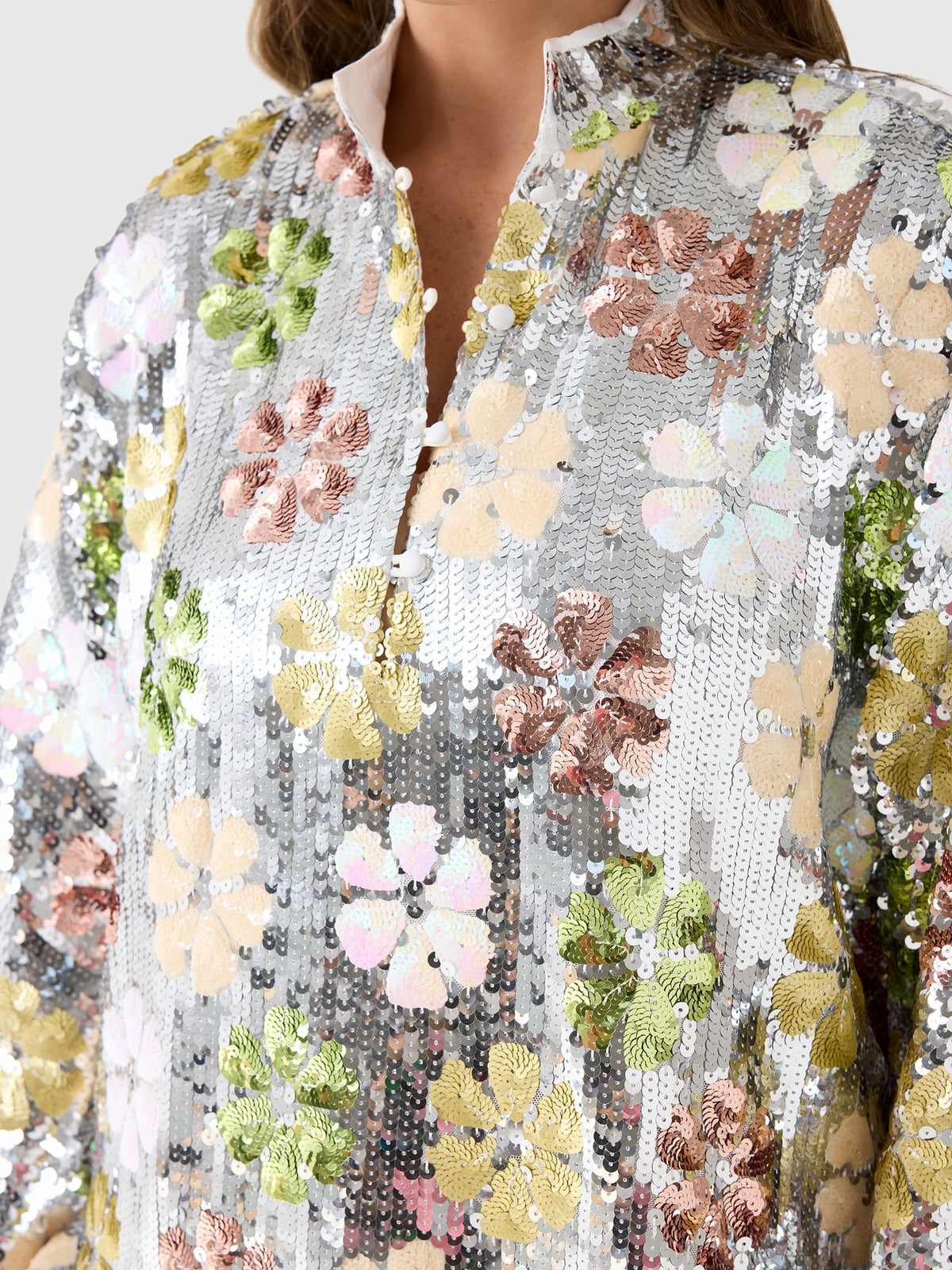 La Vie Women's Sequin Silver Mod Flower Mini Caftan