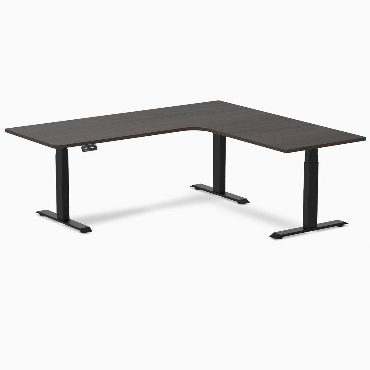 Desky L-Shape Melamine Sit Stand Desk 200cm - Right Return Burnished Wood Top and Matte Black Leg