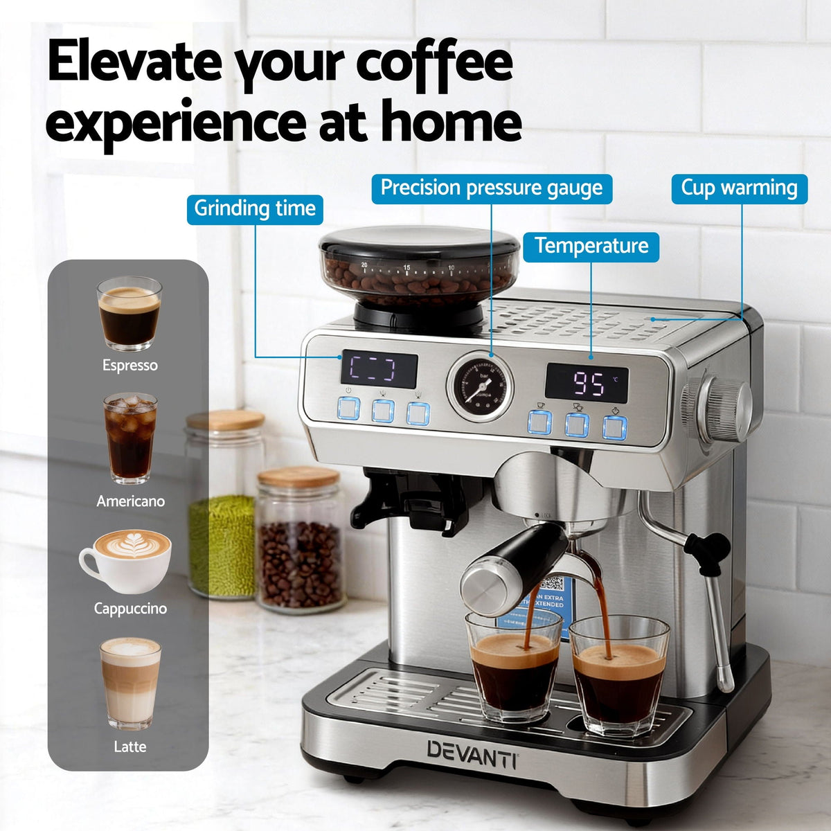Devanti Coffee Machine Espresso Latte Maker with Grinder Milk Frother Steam Wand