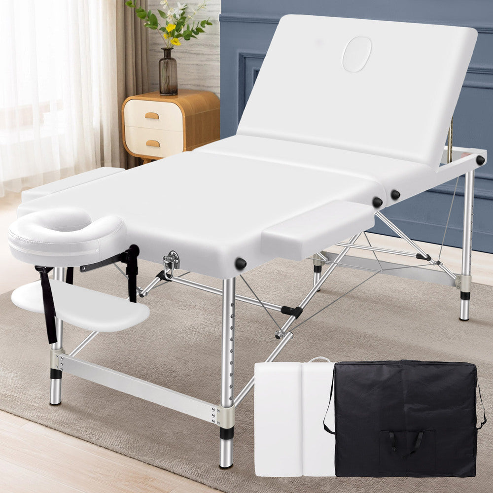 ALFORDSON Massage Table 3 Fold 75cm Foldable Portable Aluminium Lift Up Bed Desk (White)