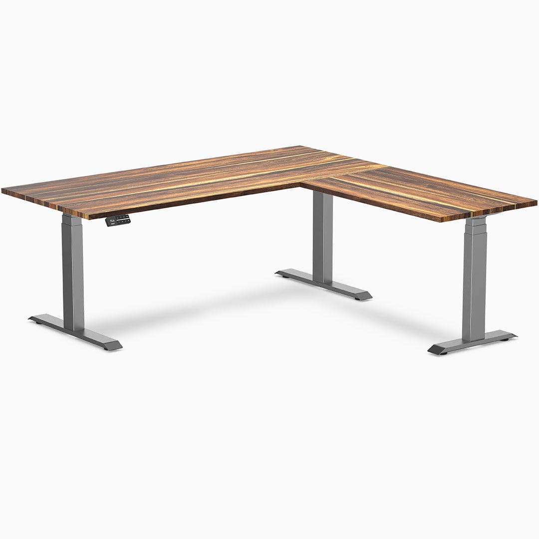 Desky Hardwood L-Shape Sit Stand Desk 180x175cm Pheasantwood and Space Grey Leg