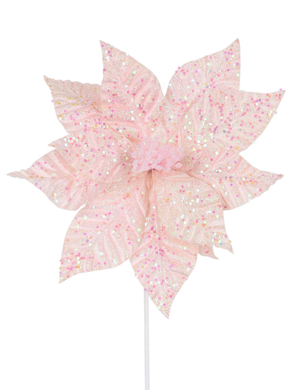 Fairy Floss Pink Poinsettia With Iridescent Sequins Long Christmas Stem | 55cmPink & Iridescent