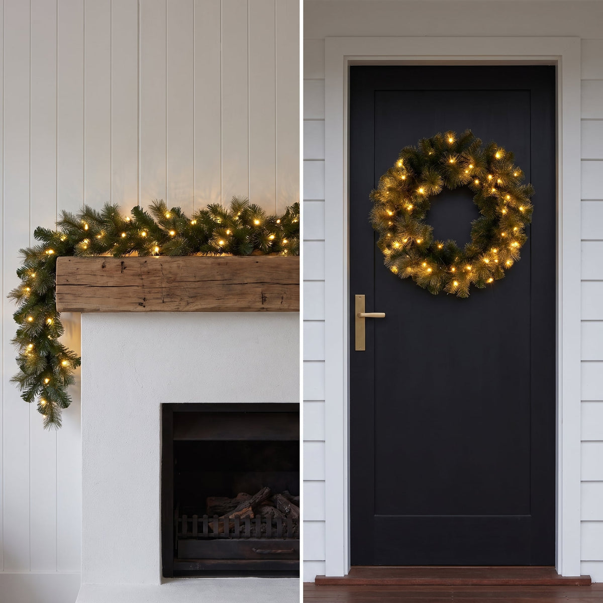 Christabelle Gold Pine Collection Christmas 2pc Set 61cm Wreath and 2.74m Garland with LED Lights Holiday Decor