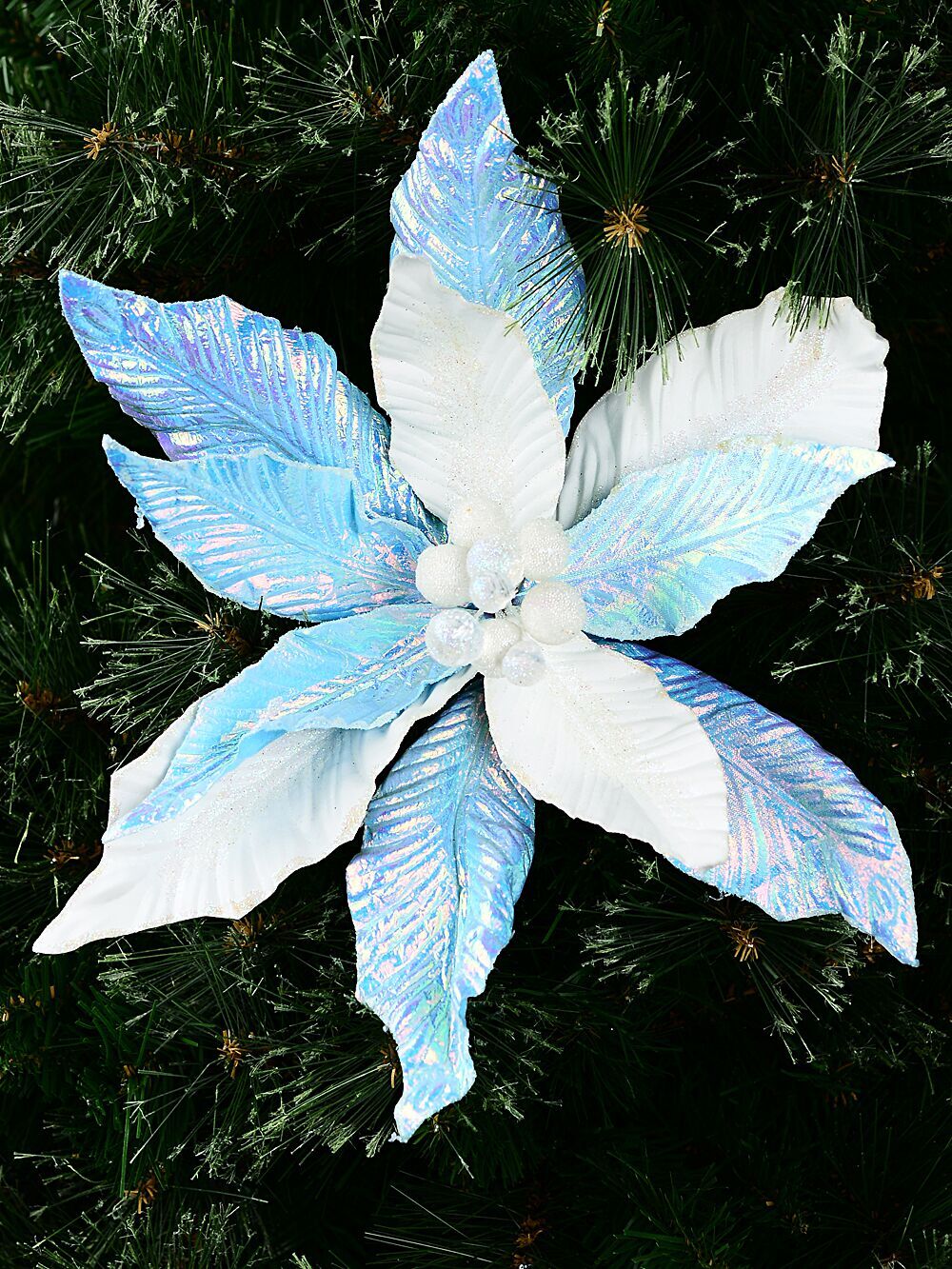 Iridescent Turquoise & Ivory Poinsettia Christmas Tree Clip Pick | 30cmIridescent Turquoise & Ivory with Clear