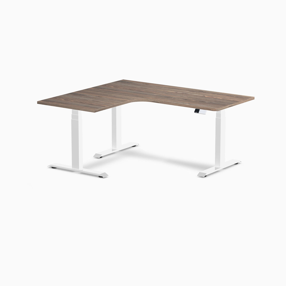 Desky L-Shape Melamine Sit Stand Desk 160cm - Left Return Natural Walnut Top and White Leg