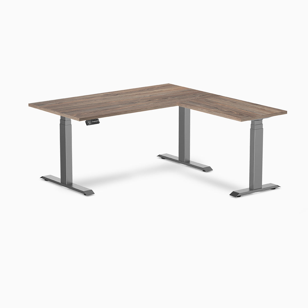 Desky Eco L-Shape Melamine Sit Stand Desk 150 x 155 cm Natural Walnut Top and Space Grey Leg