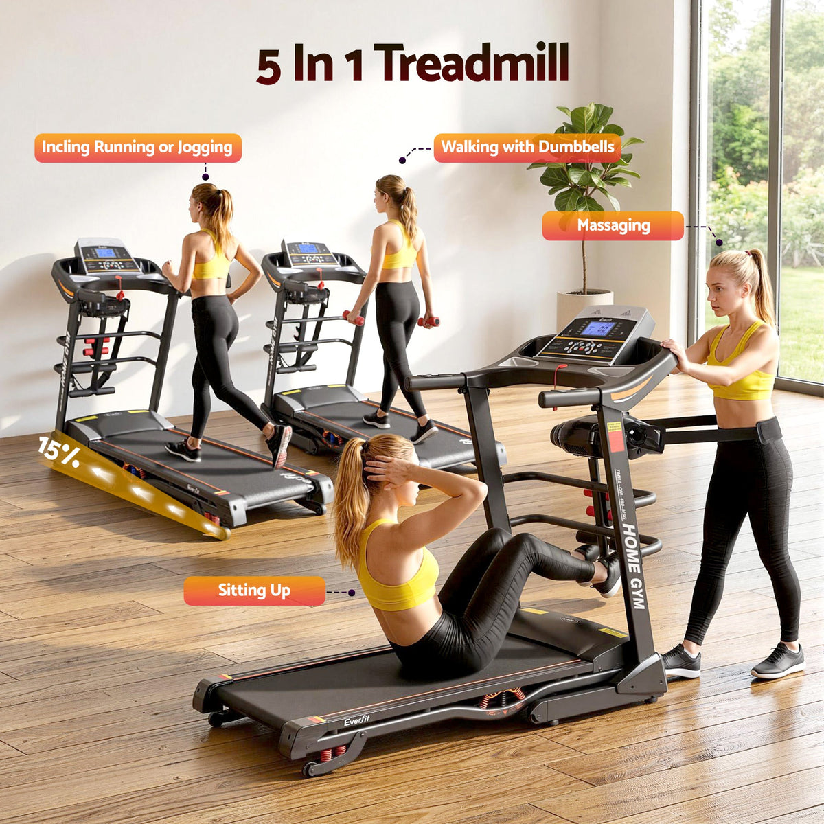 Everfit Treadmill Electric Home Gym Fitness Exercise Machine w/ Massager 480mm